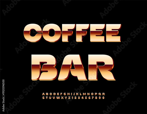 Vector Premium emblem Coffee Cafe. Trendy Glossy Chic Font. Stylish Gold 3D Alphabet Letters and Numbers set.