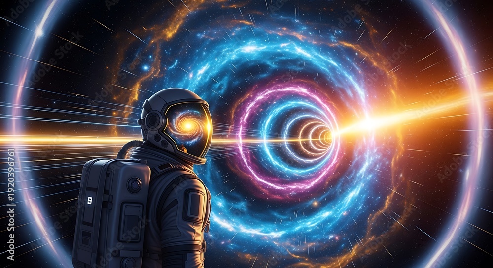 Fototapeta premium Astronaut Exploring Vibrant Cosmic Energy Portal.