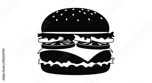 A detailed black silhouette of a classic cheeseburger
