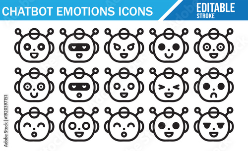 Collection of twenty outline chatbot emotions icons. Vector illustration set of cute robot faces with various expressions. Editable stroke. Black and white robot avatars for digital interfaces.
