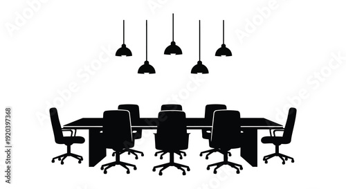 A minimalist depiction of a conference table with chairs and hanging lights presented as a silhouette high quality professional detailed modern