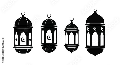 Four islamic lanterns with crescent moons a striking silhouette