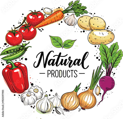 Natural Products Logo with Fresh Vegetables Frame, Organic Food Market Healthy Brand Vector Illustration