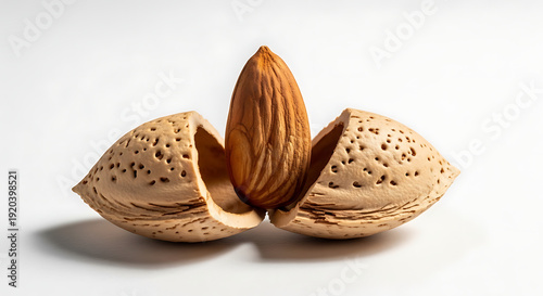 Three halved almond shells with one intact almond standing upright on white background