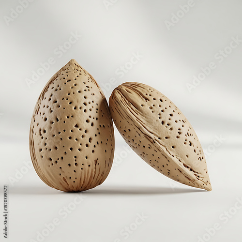 Two brown almond shells with holes on white background close up view natural food