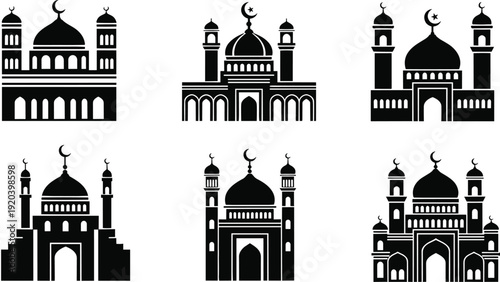 Islamic Mosque Silhouette Icon Set, Elegant Black Masjid Architecture Vector for Ramadan Kareem and Eid Mubarak