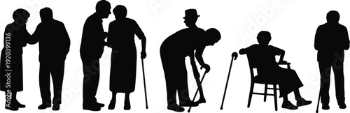 Black silhouettes of elderly senior people walking with canes and sitting in chairs in various aged poses isolated on white background for healthcare concepts