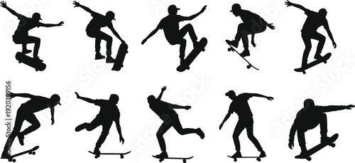 Black silhouettes of young skateboarders performing jumps tricks and urban skating maneuvers in various active poses isolated on white background for extreme sports design