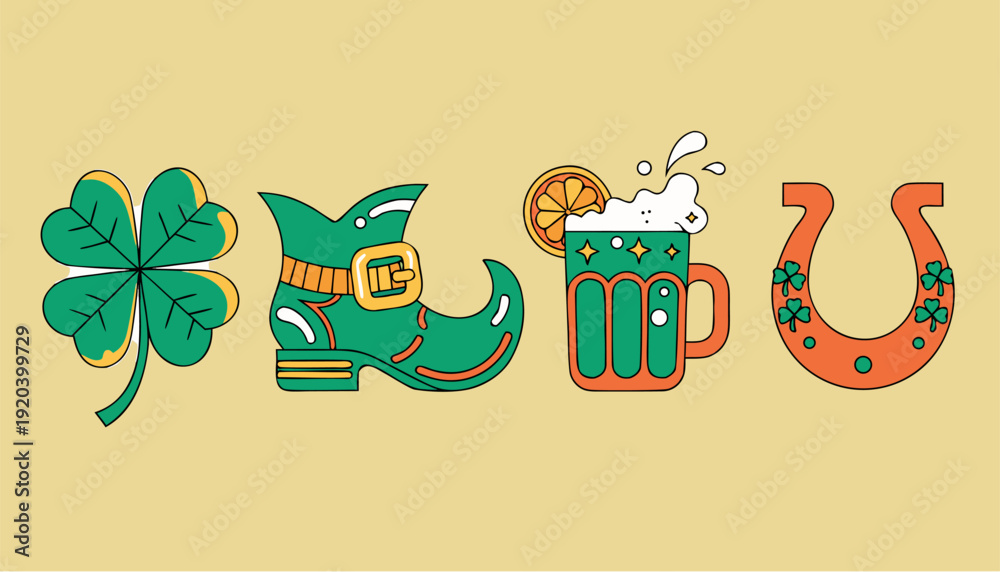 Naklejka premium A colorful vector graphic illustration of St. Patrick's Day icons including a four-leaf clover, cowboy boot, beer mug, and horseshoe.
