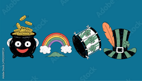 A colorful vector graphic illustration of St. Patrick's Day icons including a pot of gold, rainbow, drum, and top hat.