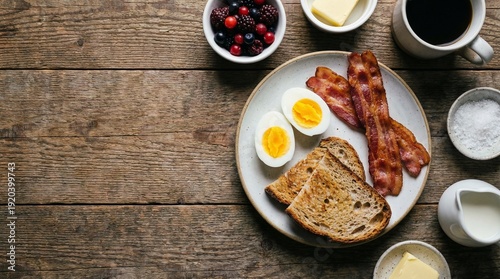Wallpaper Mural Breakfast scene featuring toast, egg, bacon, coffee, and berries on a rustic wooden table viewed from above. Torontodigital.ca