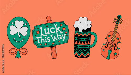 A colorful St. Patrick's Day themed vector graphic illustration with a balloon, sign, beer mug, and violin.