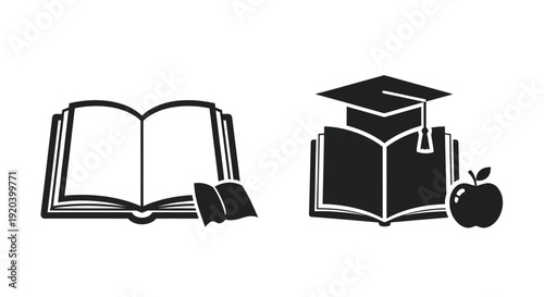 Education icons featuring books a cap and an apple silhouette