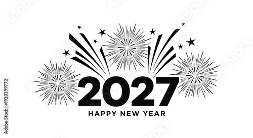 A festive new year graphic displays the year 2027 with fireworks and stars in a striking silhouette high quality professional detailed
