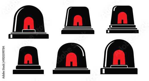 Six black and red siren lights arranged on a white background silhouette