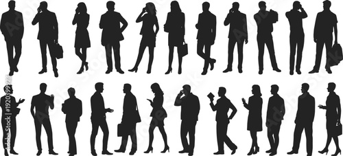 Large collection of black silhouettes featuring business men and women talking on phones and carrying briefcases isolated on white background for corporate office design