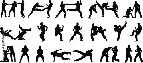 Large collection of black silhouettes featuring fighters in various martial arts combat poses including kicking punching and wrestling isolated on white background for sports design