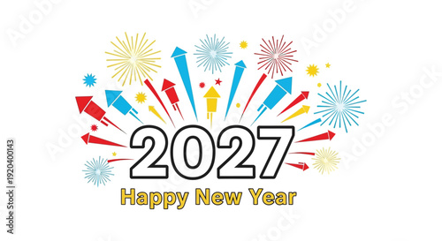 Colorful fireworks and rockets celebrate the upcoming year 2027 with a striking black silhouette high quality professional detailed modern elegant stylish