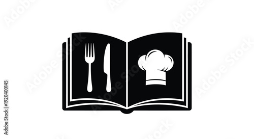Open cookbook displaying culinary tools and a chef s hat silhouette