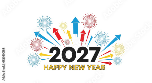 A vibrant new year celebration with fireworks and the year 2027 prominently displayed a colorful silhouette high quality professional detailed modern