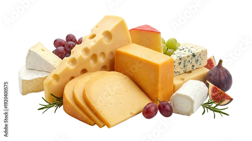 Assorted varieties of cheese including cheddar gouda and brie arranged with grapes and figs solid white background and no background