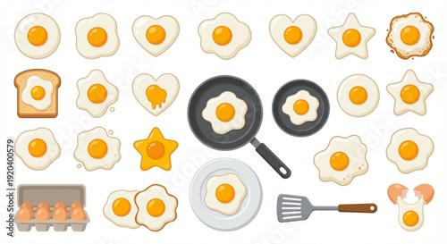 Collection of Various Styles of Fried Eggs and Egg Related Items