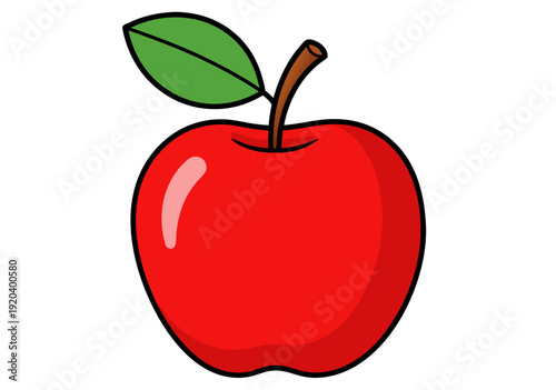 Vibrant cartoon-style vector illustration of red apple with green leaf and brown stem against white background