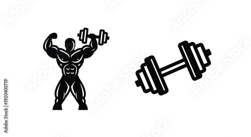 Muscular athlete lifting weights with a dumbbell black silhouette