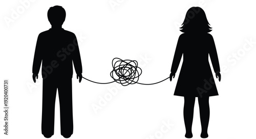 Couple connected by tangled string a symbolic representation silhouette