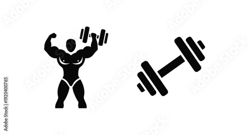 Muscular person lifting weights and a dumbbell black silhouette