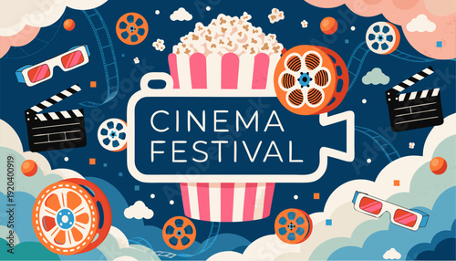 A colorful vector graphic illustration of a cinema festival with movie icons and popcorn
