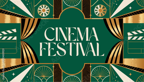 A vibrant cinema festival graphic with a green and gold art deco design