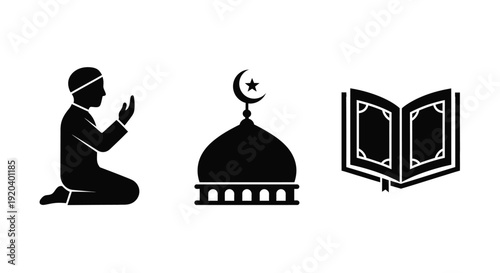 Islamic symbols including a praying man mosque and quran silhouette
