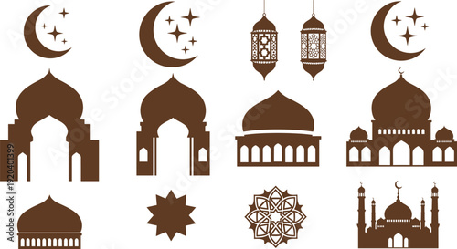 Islamic Vector Element Bundle with Mosque Silhouettes Lantern Icons and Star Bunting