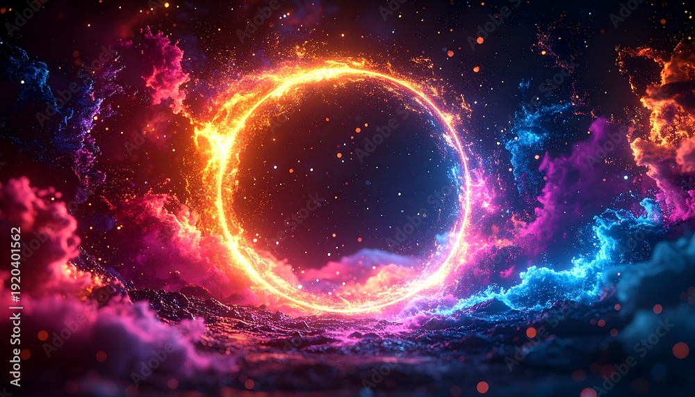 Obraz premium Glowing circle portal amidst colorful nebula clouds in space