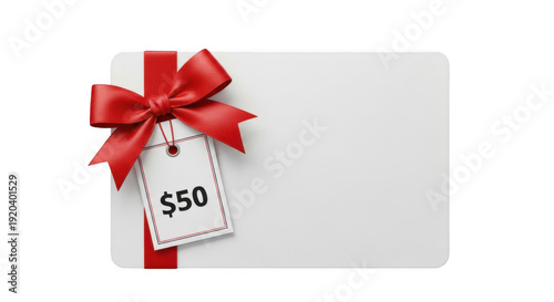 A fifty dollar gift card adorned with a decorative red ribbon and tag.