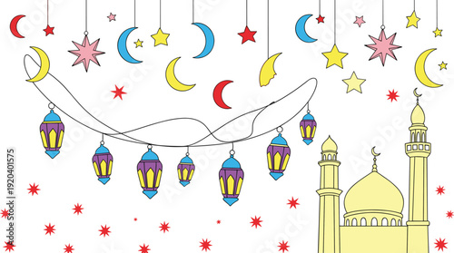 Islamic Holiday Celebration Set with Hanging Lantern Garlands and Mosque Architecture