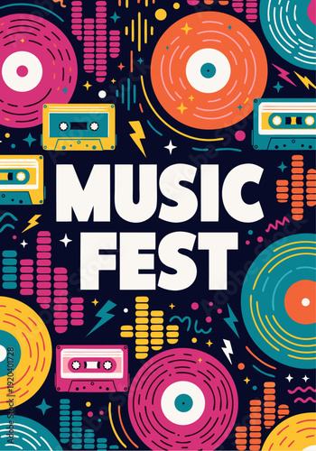 A vibrant vector graphic illustration of a music festival with colorful records and cassette tapes on a dark background
