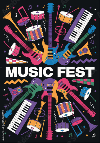 A vibrant vector graphic illustration of a music festival with colorful musical instruments and notes on a black background