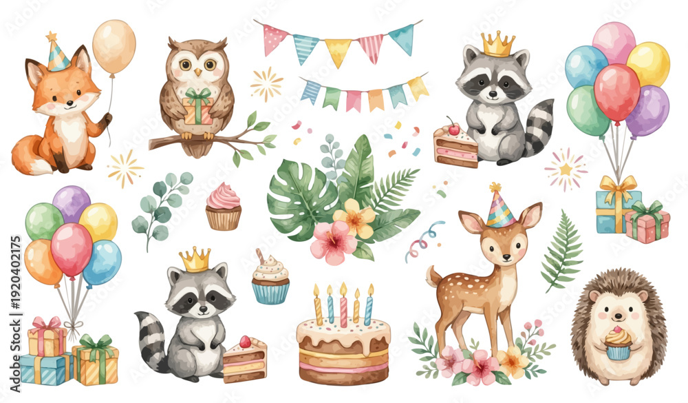 Fototapeta premium Birthday party watercolor vector clipart set with woodland animals Collection of Vector illustrations. Perfect for invitation, card, poster, banner, decoration