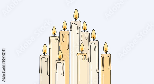 Group of lit candles burning with dripping wax, festive or memorial atmosphere