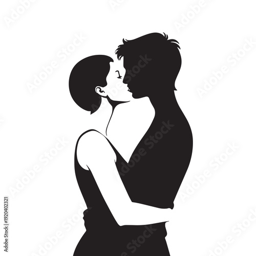 Black and white negative space silhouette of a romantic couple kissing vector illustration