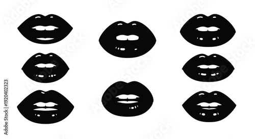 Multiple black lip shapes arranged in a grid a striking silhouette