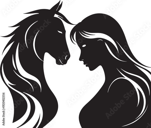 Black and white silhouette of woman and horse profile vector