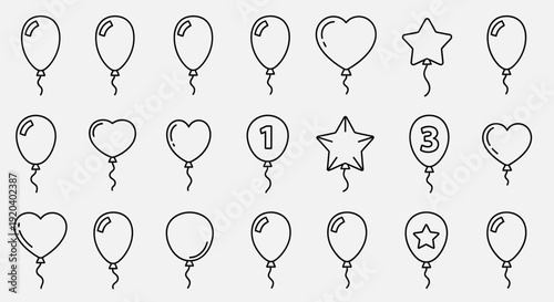 Set of Hand-Drawn Balloons Icons: Round, Heart, Star Shapes, Numbers 1 & 3