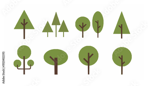Minimal geometric forest tree vector icon set isolated on white background for park maps and eco infographic design