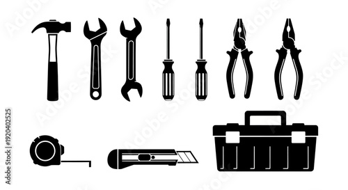 Collection of Black Silhouettes of Tools and Toolbox on White Background