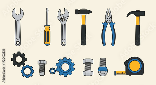 Hand Tools Collection: Wrench, Screwdriver, Hammer, Pliers