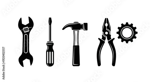 Set of Black Tools: Wrench, Screwdriver, Hammer, Pliers, and Gear