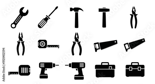 Collection of Hand Tools and Power Tools Icons Set, Isolated on White Background